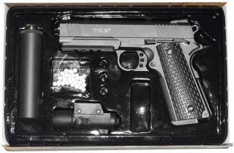 Страйкбольный пистолет софтэйр пружинный с глушителем Galaxy G25A Colt 1911PD от магазина SERREITOR.RU